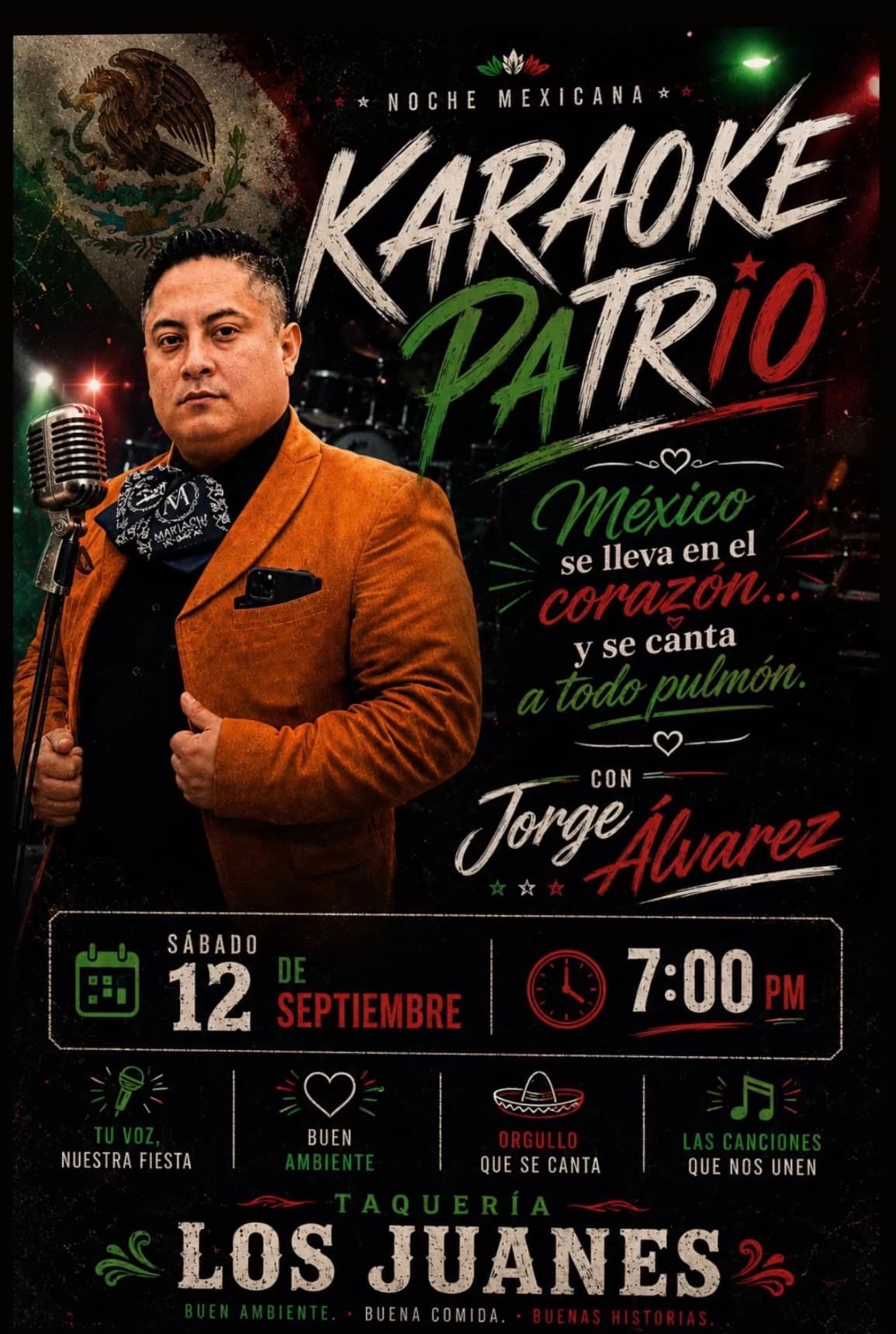 Karaoke night with Jorge Alvarez on Saturday, September 12 at 7 PM